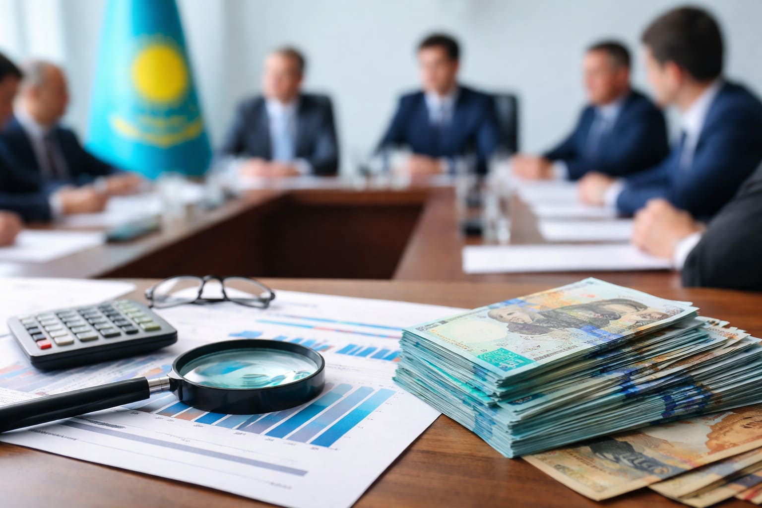 Группа людей на деловом совещании с документами и денежными купюрами на столе, символизирующими контроль финансов и борьбу с теневой экономикой в Казахстане.
