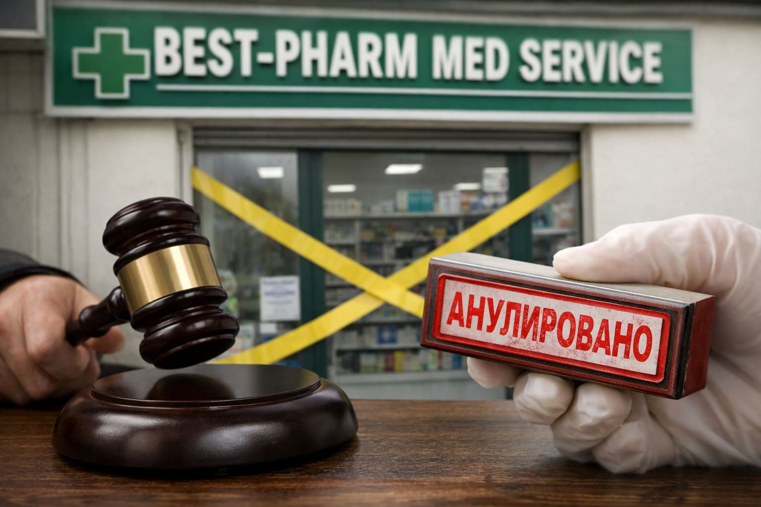 Фасад аптеки BEST-PHARM MED SERVICE с желтой лентой, символизирующей закрытие, и элементами правосудия.
