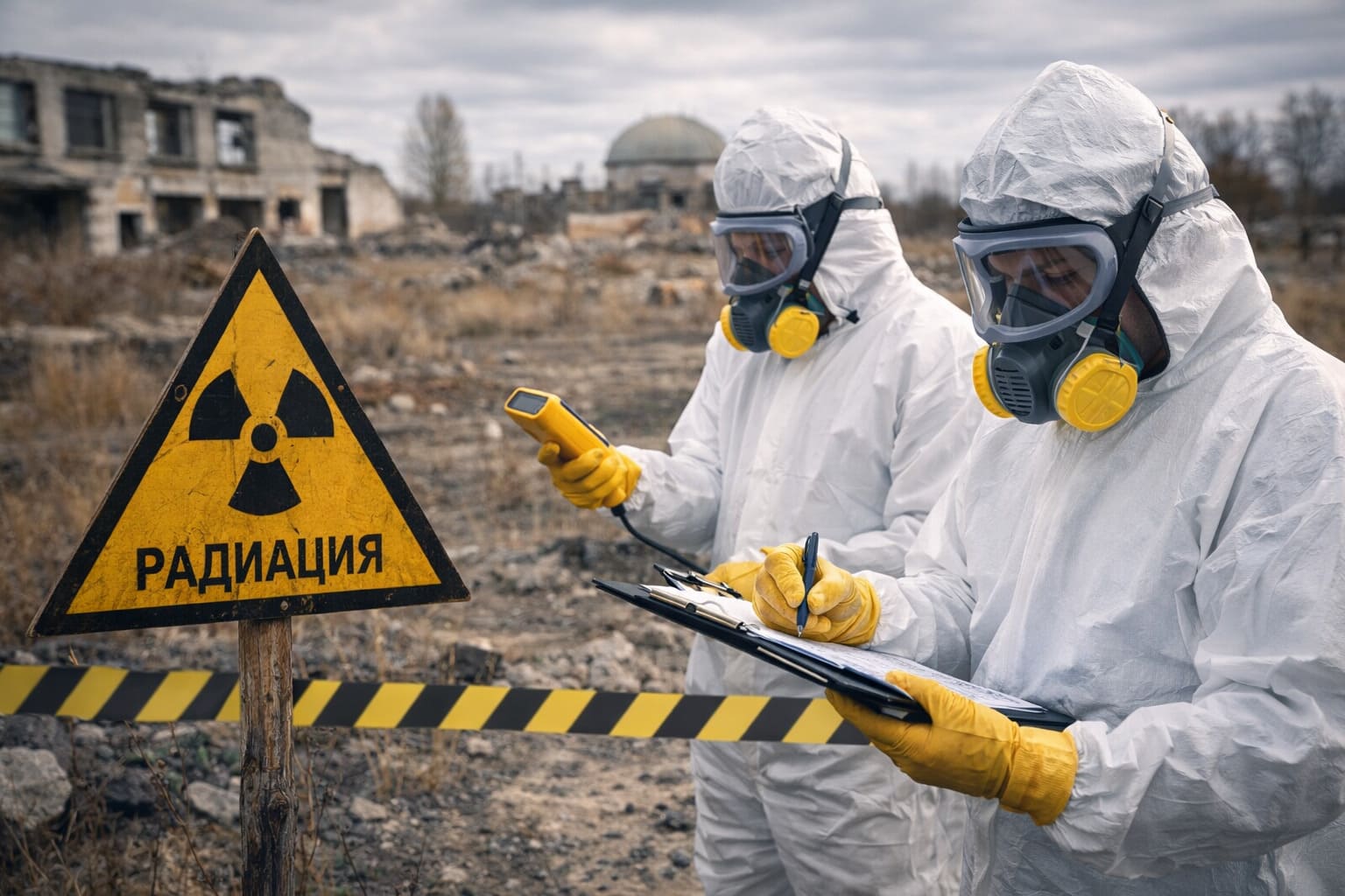 Двое инспекторов в защитных костюмах измеряют радиационный фон на загрязнённой территории Казахстана.