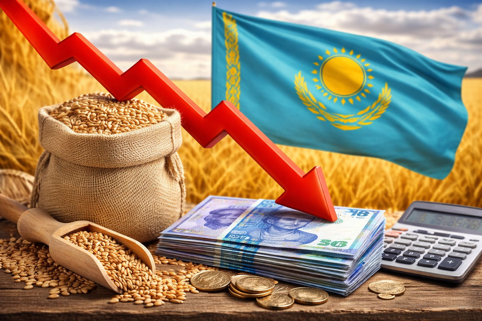 Зерновое поле на фоне элеваторов и инфраструктуры экспорта в Казахстане