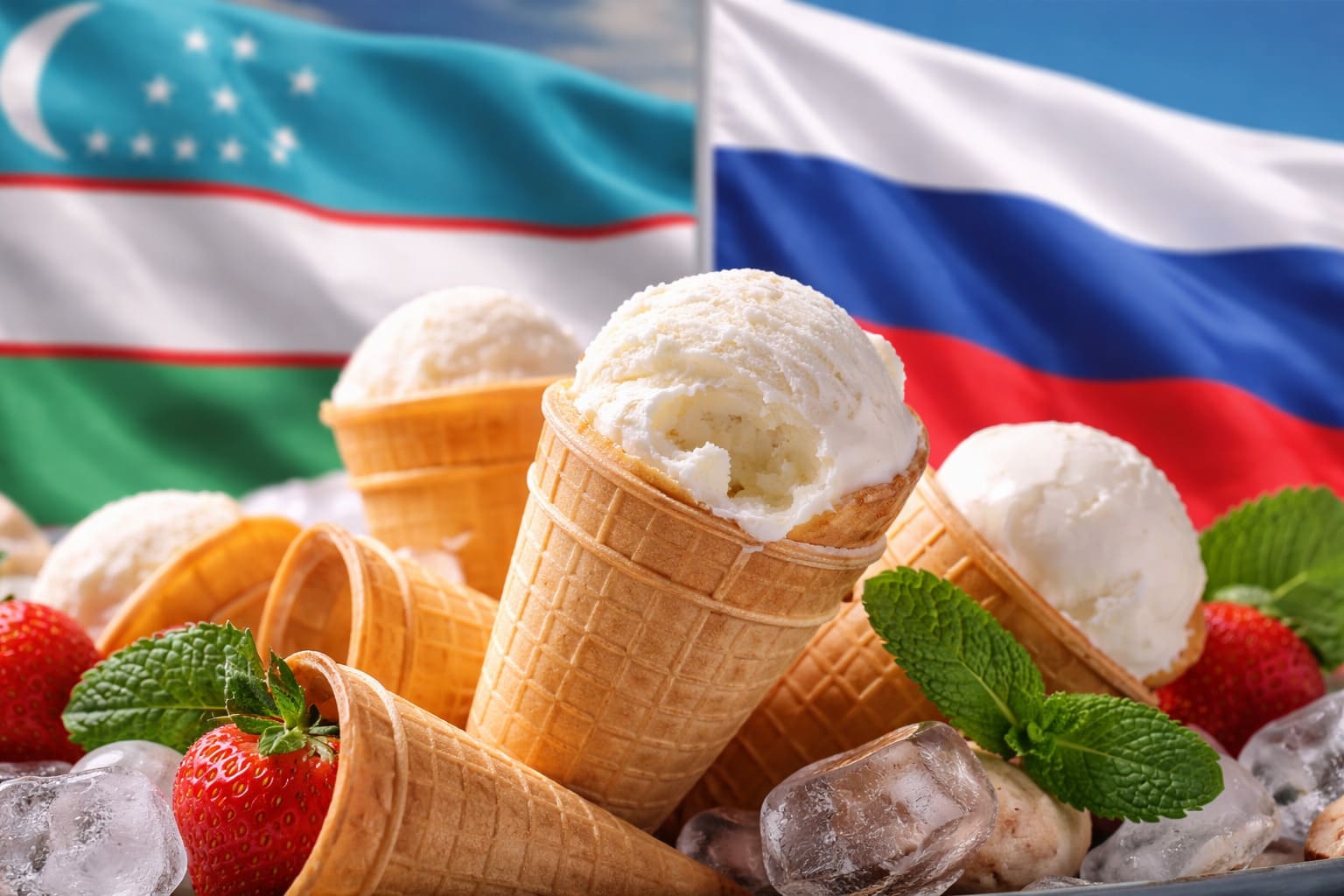 Ассортимент российского мороженого в вафельных рожках на фоне флагов России и Узбекистана