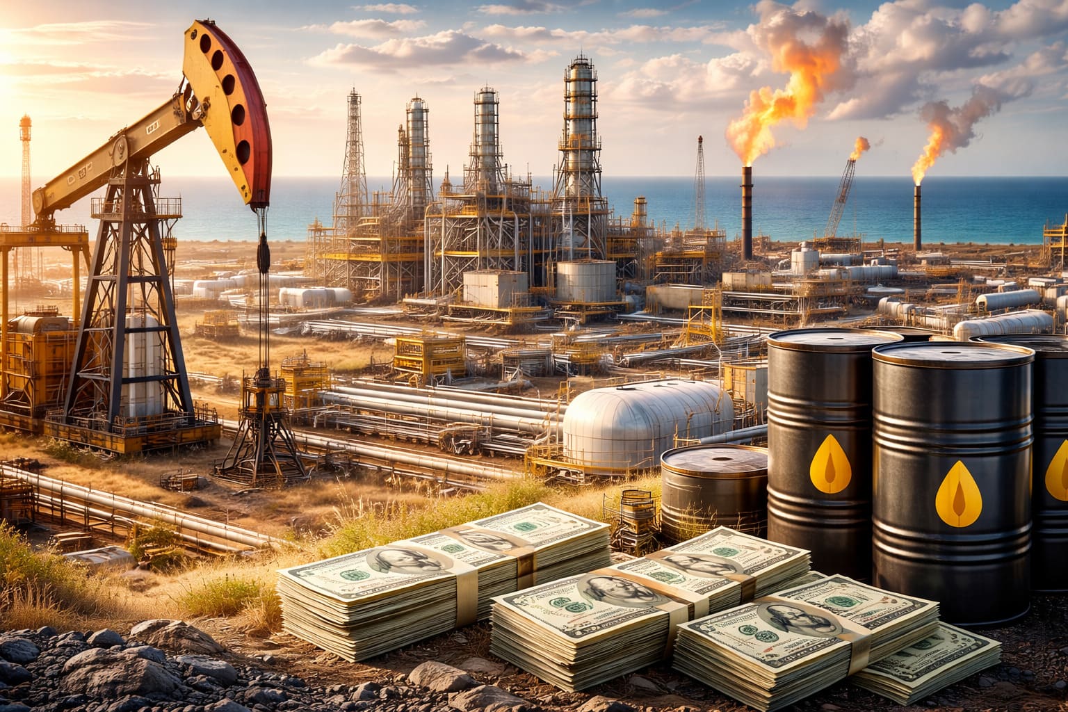 Нефтяные вышки на месторождении Тенгиз в Казахстане на фоне заката