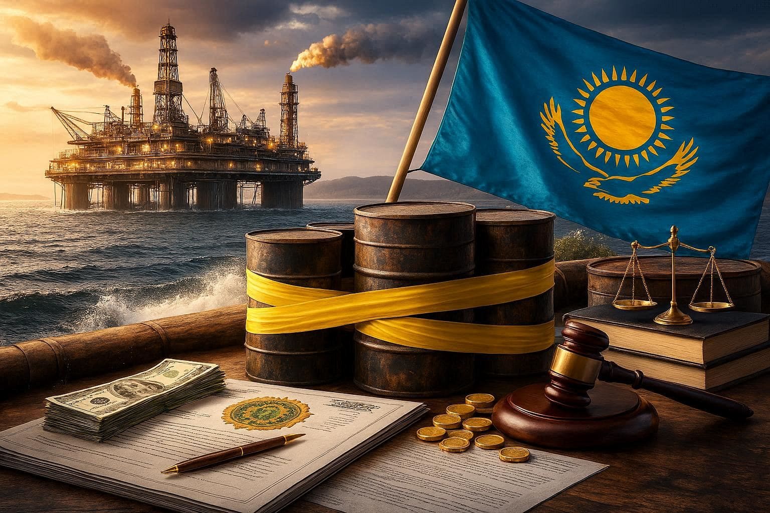 На фото показано нефтяное месторождение с вышками и трубопроводами на фоне заката, символизирующее возможную национализацию месторождений Кайран и Актоты в Казахстане.