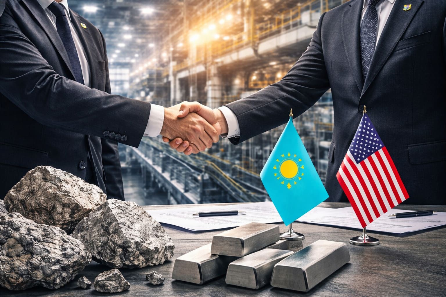 Промышленный комплекс по переработке вольфрама в Казахстане с заводскими зданиями и обогатительными фабриками.