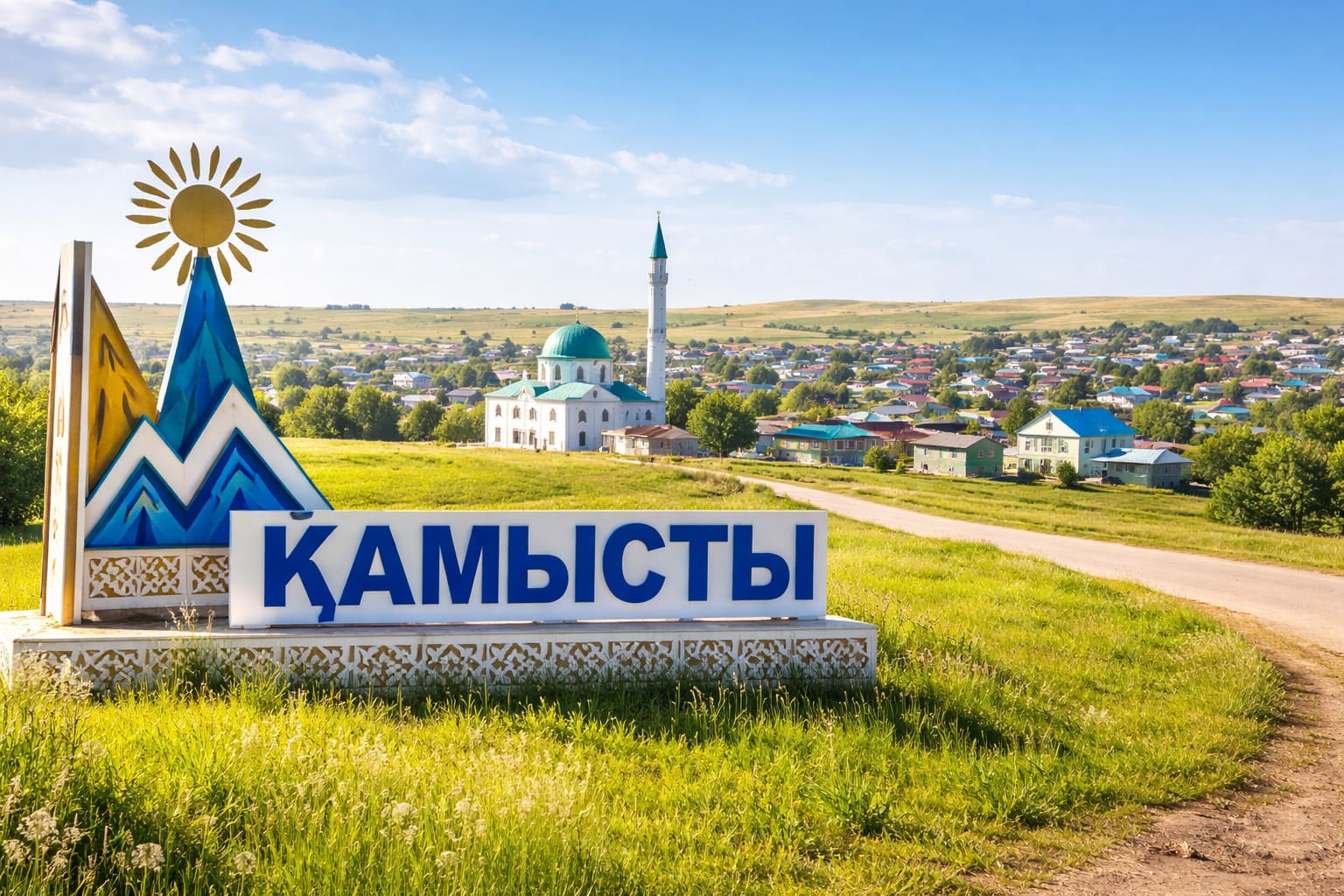 Село Камысты в Костанайской области, панорамный вид с жилыми домами и мечетью