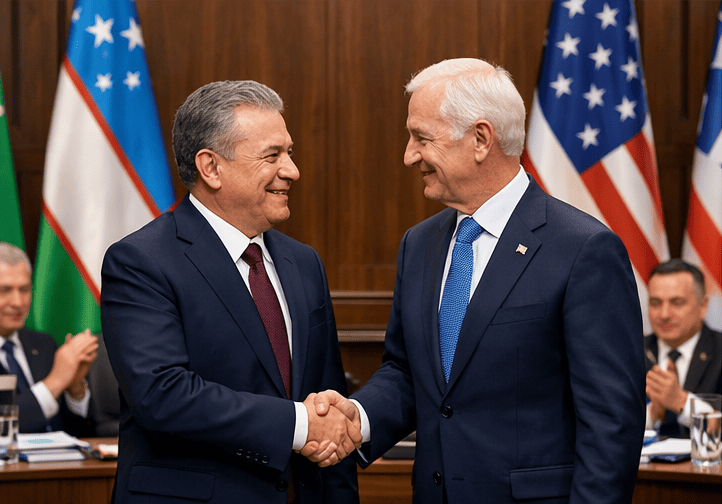Встреча президента Узбекистана с лидером США, рукопожатие, флаги стран