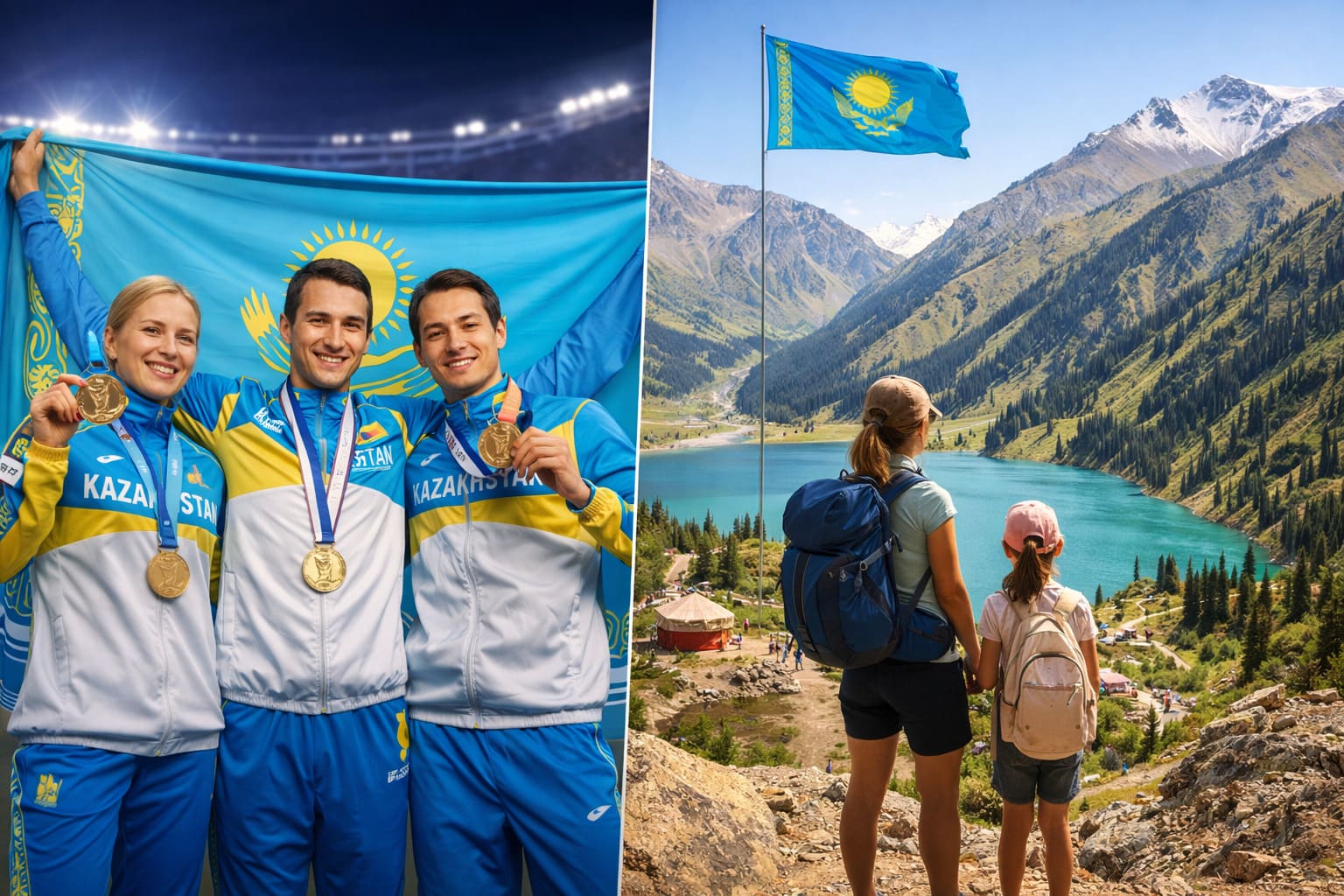 Спортсмены и туристы в Казахстане на фоне гор и озера