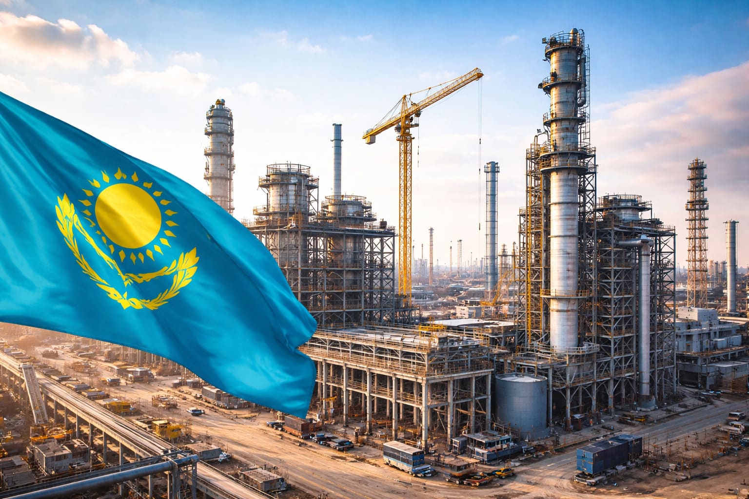 Индустриальный газохимический завод в Казахстане с флагом страны на переднем плане