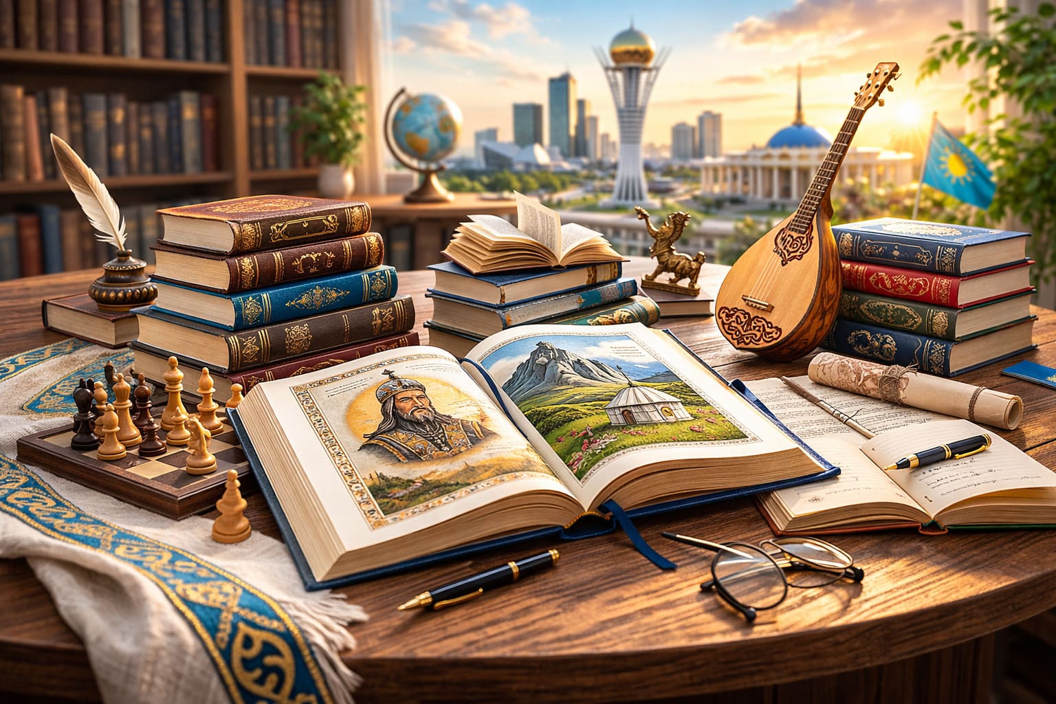 Издание более 100 книг в Казахстане в 2026 году — библиотека, книги и культурные символы.