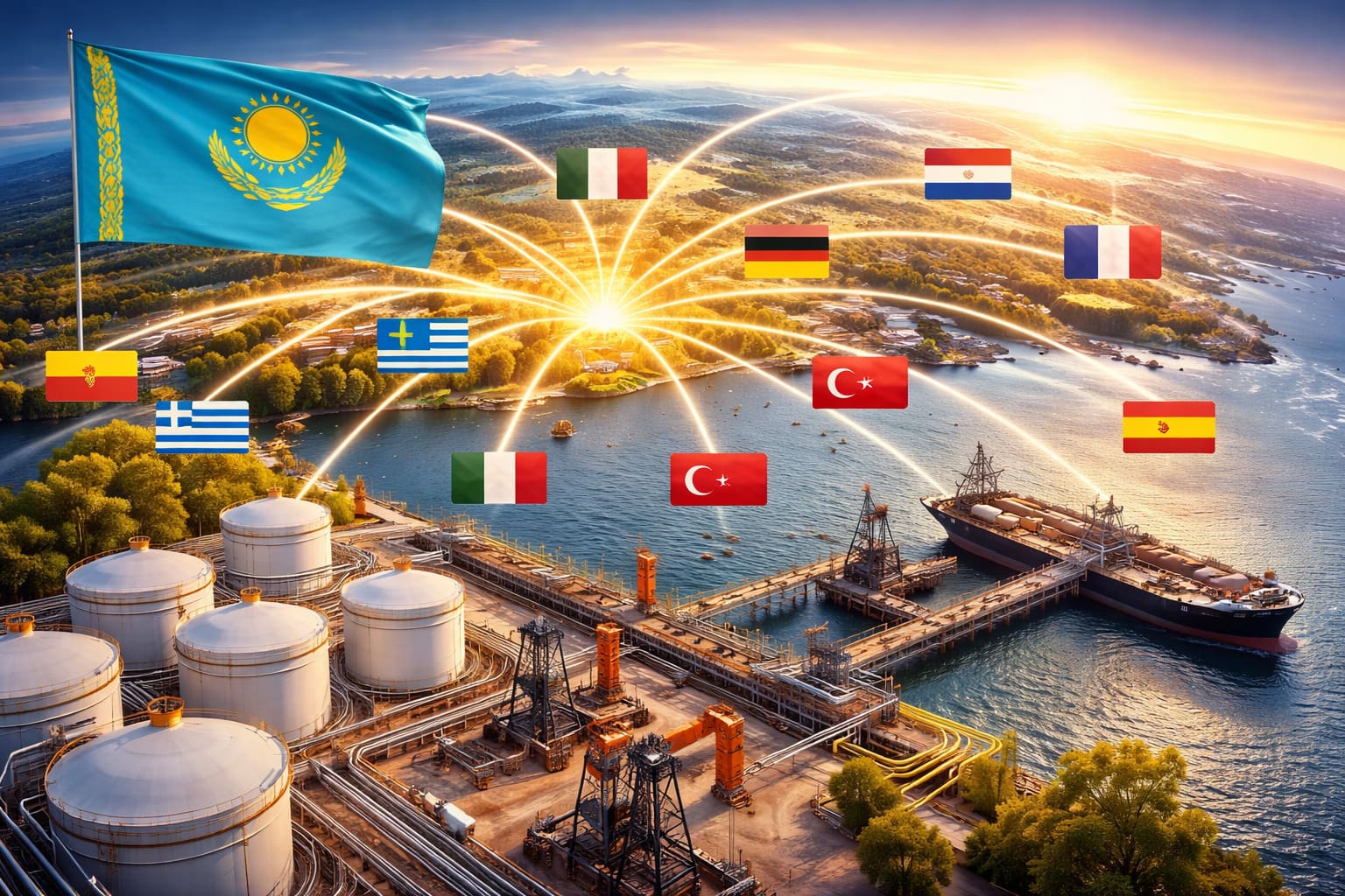 Терминал и нефтяные резервуары в Казахстане с танкером на фоне, символизирующие экспорт нефти в разные страны.