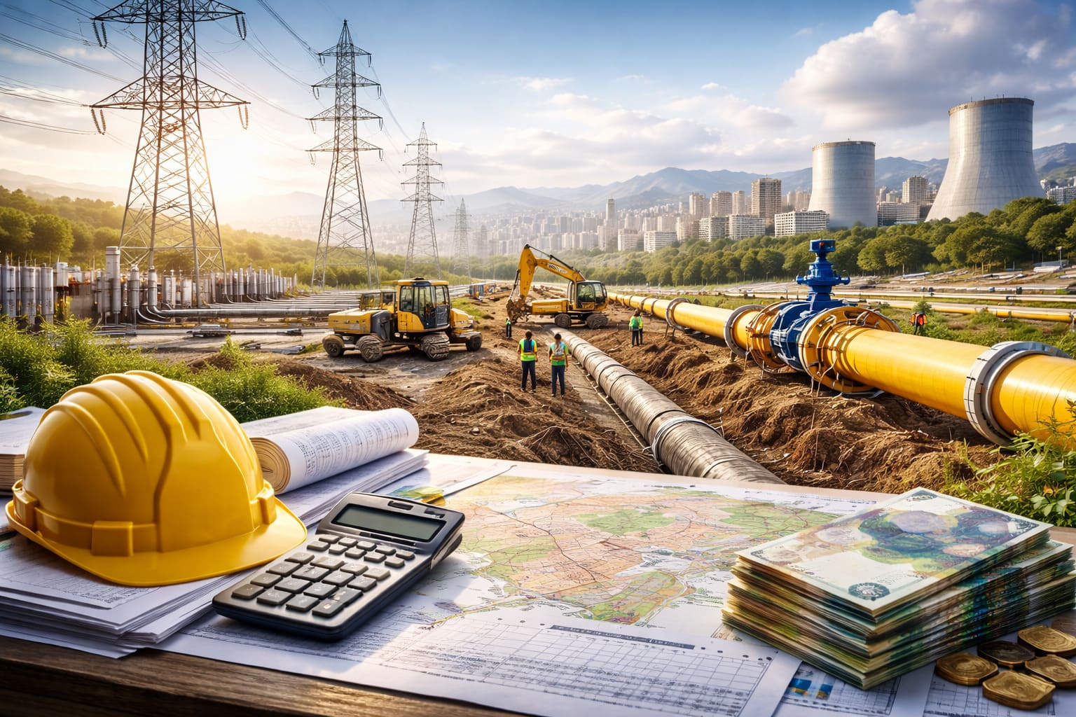 Энергетическая инфраструктура Казахстана: тепловые сети, газовые трубы, линии электропередач, солнечные панели и ветряные турбины на фоне города и села, символизирующие инвестиции в электро- и теплоэнергетику в 2025 году