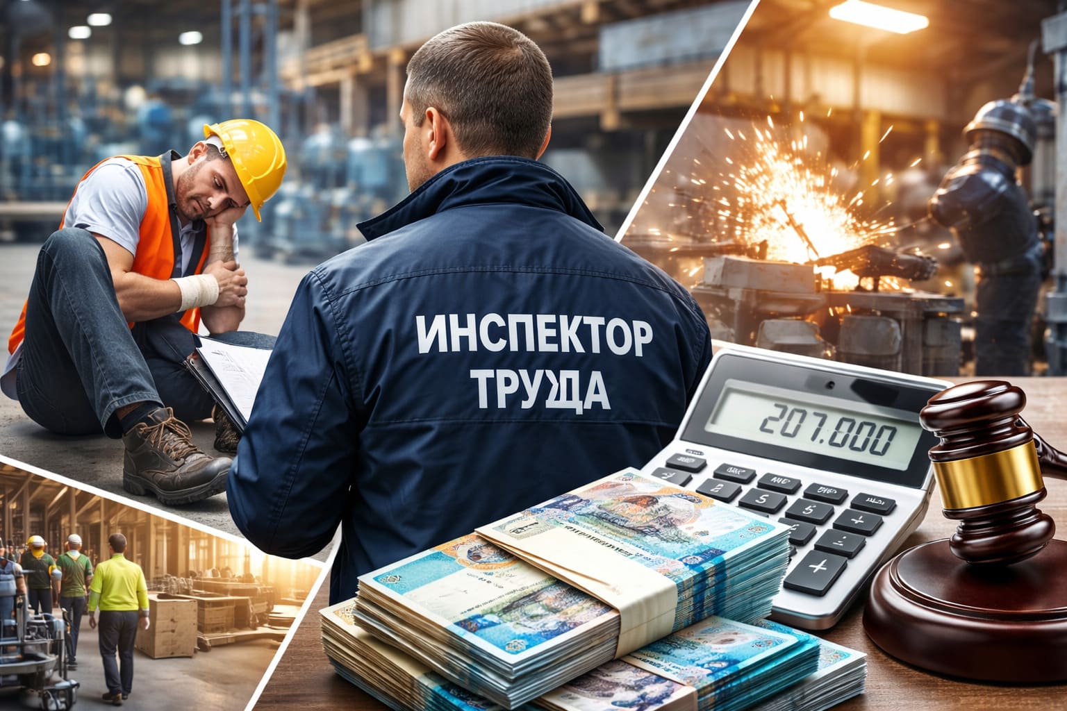 Рабочие на предприятии, инспектор труда проверяет безопасность, штрафы и контроль травматизма в Казахстане
